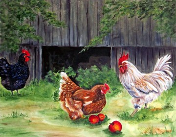 manzana gallina gallo en el granero Pinturas al óleo